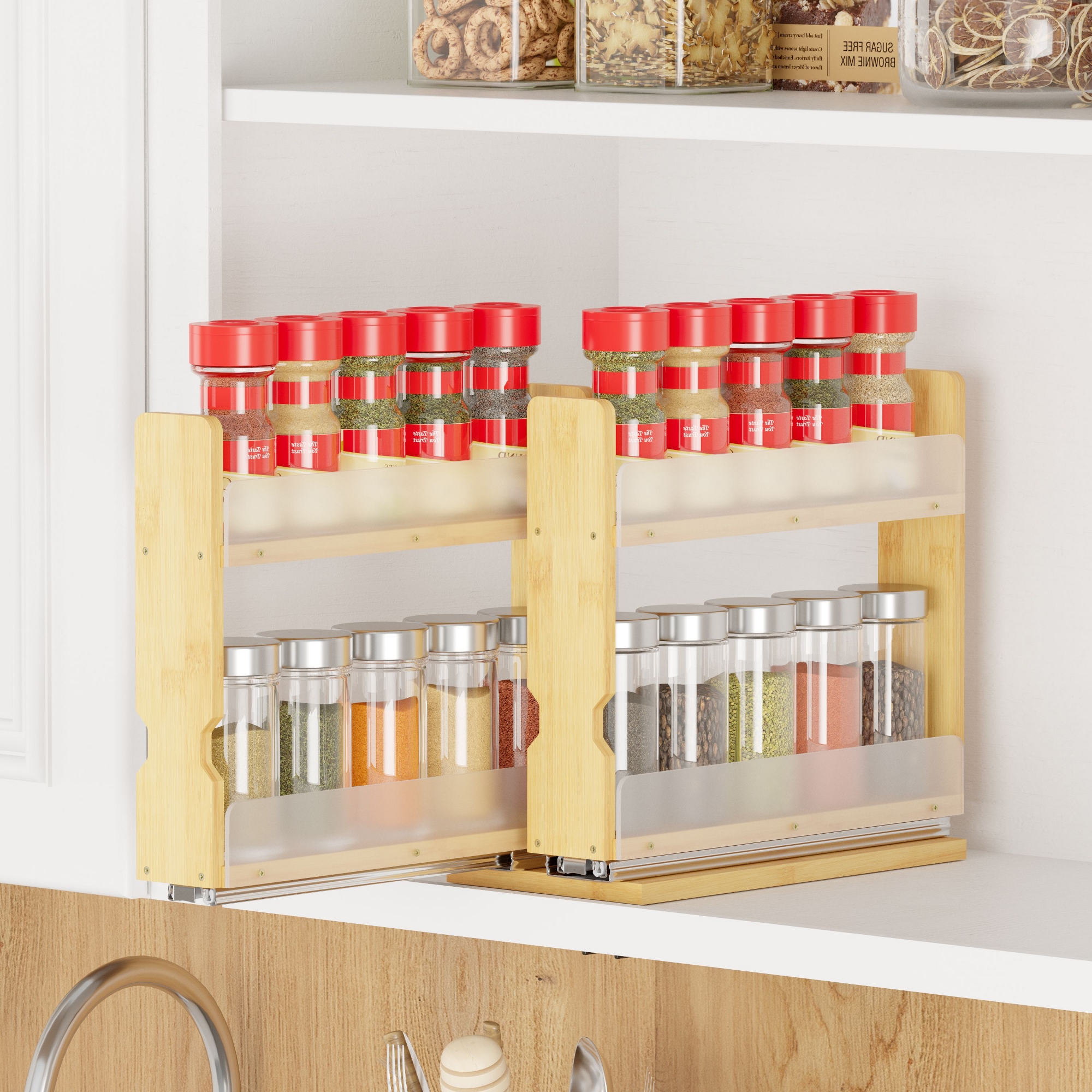 Bamboo Pull Out Spice Rack Organizer for Kitchen Cabinets – 2 Drawer, 2-Tier Heavy-Duty Sliding Storage, 5.1" Wide, Nature