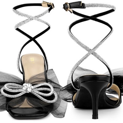 Bow Embellished Black Mesh Heeled Sandals