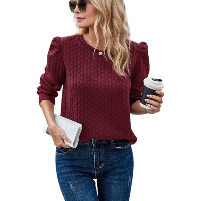 Amaryllis Women's Puff Sleeve Quilted Knit Top Crew Neck