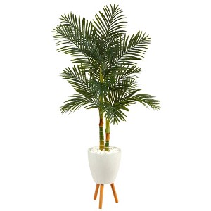 Nearly Natural 70-in Golden Cane Artificial Palm Tree in White Planter with Stand - 1 of 3