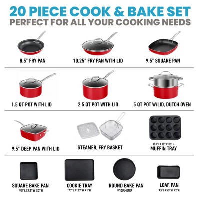 Granitestone 20-Piece Red Nonstick Aluminum Cookware and Bakeware Set