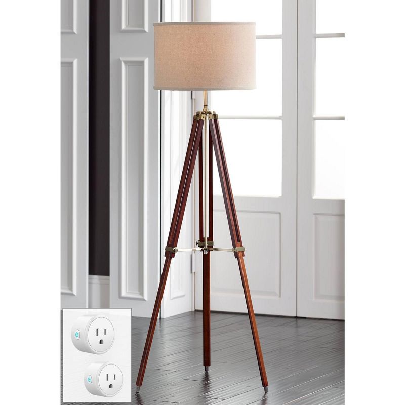 Possini Euro Design Serveyor Modern 57 1/2" Tall Tripod Floor Lamp Smart Socket Cherry Wood Brass Adjustable Beige Shade for Living Room, 2 of 9