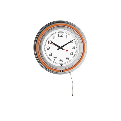 Hastings Home Round Neon Wall Clock With Analog Quartz Movement, Double Light Ring, and Dual Power - 14", Orange