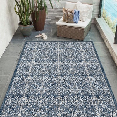 Antique Tile Medallion Navy Synthetic 6'6" x 9'3" Indoor/Outdoor Rug