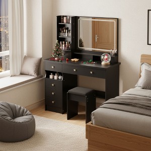 FONTOI 29.2"W/37"W/41"W Makeup Vanity Table Desk with Mirror Left Bedside Cabinet Stool Dresser Set for Woman Bedroom Dressing Room, Black/White - 1 of 4