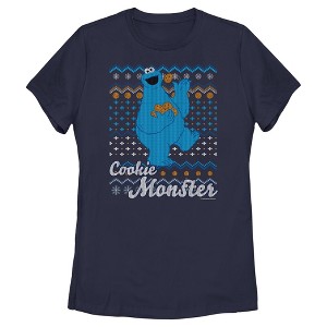 Women's Sesame Street Cookie Monster Ugly Christmas Sweater Print T-Shirt - 1 of 4