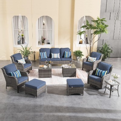 XIZZI Wicker Patio Furniture Set with 3-Seat Sofa, Swivel Rocking Armchairs & Ottomans & Side Table, Modular Sectional Outdoor Conversation Sofa Set
