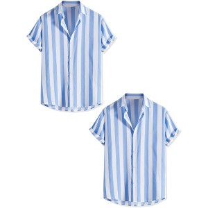 Lars Amadeus Men's Stripe Short Sleeved Color Block Button Down Beach Shirt 2 Packs - 1 of 4