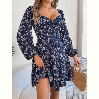 YESFASHION Women's Midi Dresses Smocked Dress Square Neck Long Sleeve Floral Dress