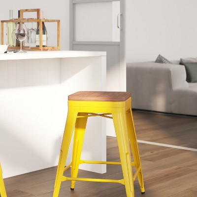 Yellow Backless Metal Dining Stool with Wooden Seat, 25"
