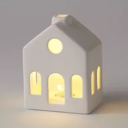 5" Battery Operated Lit Decorative Ceramic House with Round Window White - Wondershop™