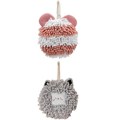 REGALWOVEN 2 Packs Chenille Fuzzy Cute Bear Shape Decorative Soft Absorbent Hanging Ball Hand Towels 7" x 7"