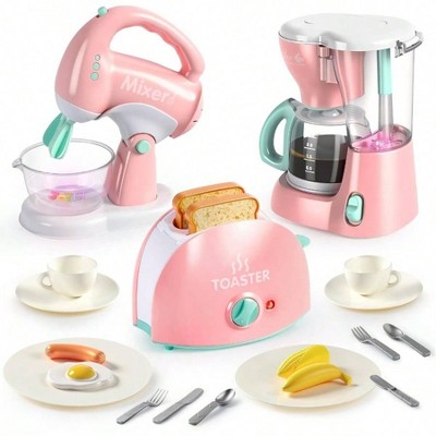 Play Kitchen Toys, Pretend Food Accessories with Coffee Maker, Mixer, Toaster, Realistic Lights Sounds - Birthday Christmas Gift