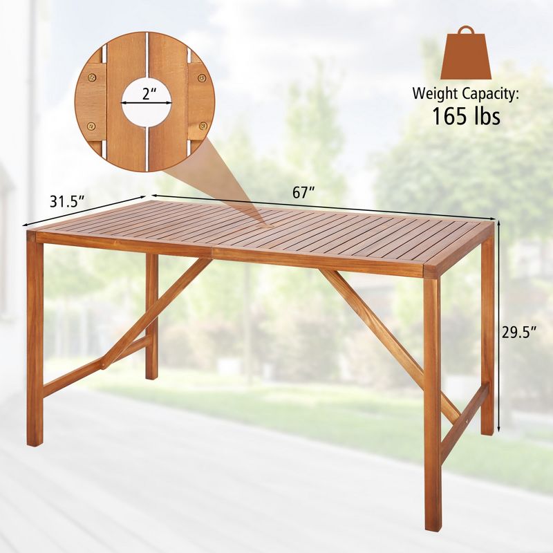 Costway Patio Rectangle Acacia Wood Dining Table Spacious Slatted Top Up to 6 Outdoor, 3 of 10