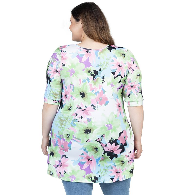 24seven Comfort Apparel Womens Pastel Color Floral Plus Size Elbow Sleeve V Neck Henley Tunic Top, 3 of 7