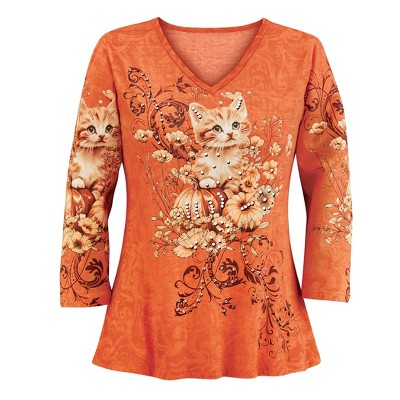 Collections Etc Autumn Kitten Sequin Detailed V-Neck 3/4 Length Sleeve Top