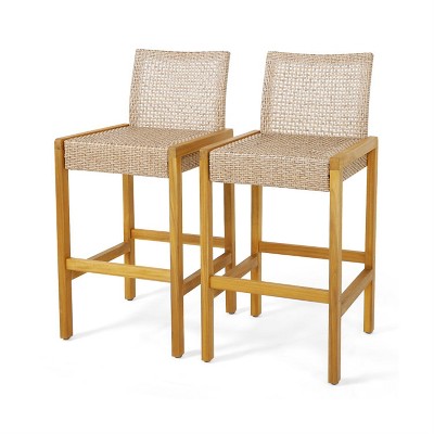 MOEPISY Set of 2 Rattan Patio Wood Barstools Dining Chairs with Backrest
