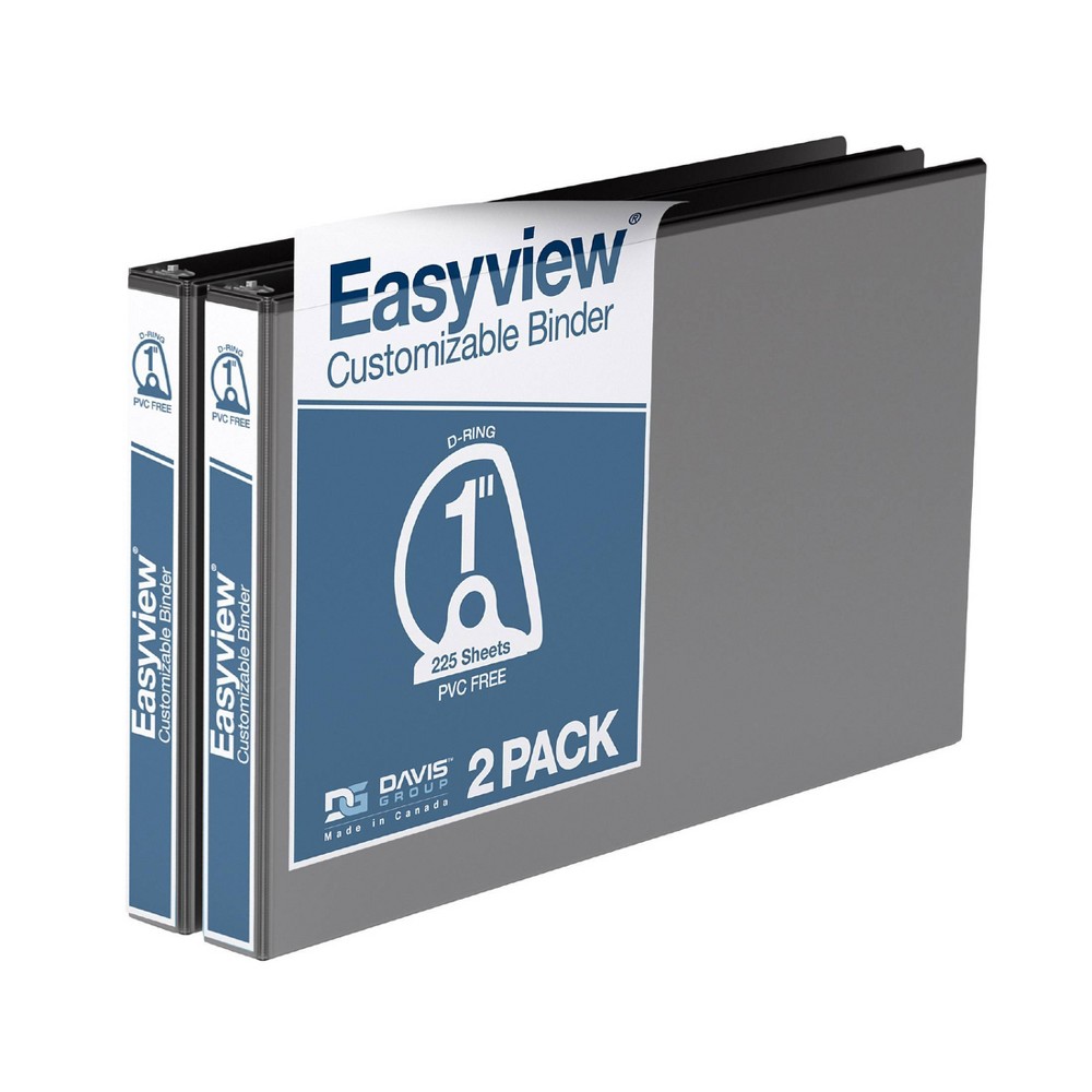 Easyview 2pk 1" Premium Angled D-Ring Binders 11x17" Black: Polypropylene Hard Cover, 225 Sheet Capacity, 2 Pockets