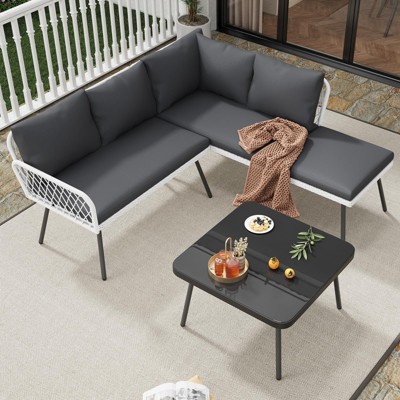 Garvee 4-Piece Patio Sectional Set with Coffee Table & Ottoman,  Outdoor Sofa Handmade Rattan & Metal Frame, for Backyard, Garden and Poolside