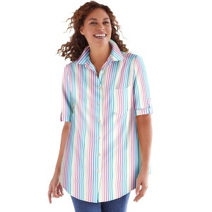 Woman Within Women's Plus Size Petite Short-Sleeve Button Down Seersucker Shirt - 1 of 4