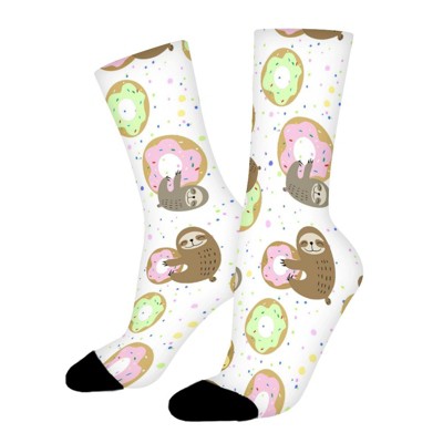 Cute Sloth With Sweet Doughnuts Women Printed Crew Socks Funny Funky Socks Soft Polyester Novelty Gifts for Artists Men