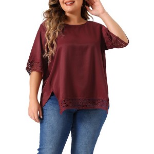 Agnes Orinda Women's Plus Size Lace Crochet Hollow out Crew Neck Short Sleeve Side Split Casual Blouses - 1 of 4