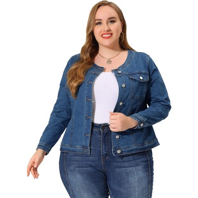 Agnes Orinda Women's Plus Size Jean Jacket Long Sleeves Collarless Denim Jacket