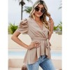 Puff Short Sleeve Ruffle Shirt for Women Deep V Neck Peplum Tops Waist Tie Chiffon Blouses Dressy Casual Waist Wrap Tops - 3 of 4
