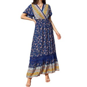 Coolmee Women's Summer Dress Boho Floral V Neck Dress Short Sleeve Beach Dress Ruffle Bohemian Maxi Dress Blue M - 1 of 4
