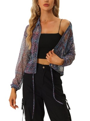 Allegra K Women's Collar See Through Drawstring Lightweight Zipper Crop Jacket