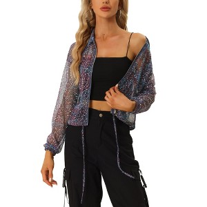 Allegra K Women's Collar See Through Drawstring Lightweight Zipper Crop Jacket - 1 of 4