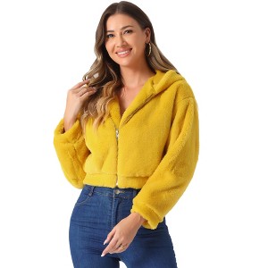 INSPIRE CHIC Women's Casual Hooded Zip Up Long Sleeve Cropped Faux Fur Jacket - 1 of 4
