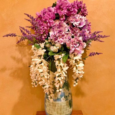 Vibrant Pink Artificial Wisteria Bush with Green Leaves, 24"