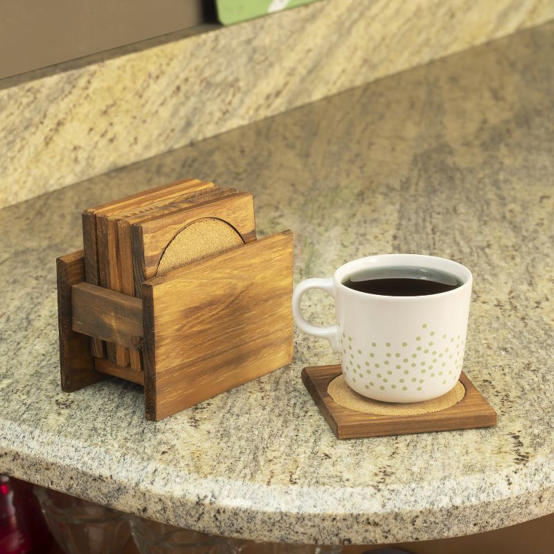 Home Basics Pine Wood Square Coasters with Absorbent Cork Insert, (Set of 6), and Holder, 2 of 3