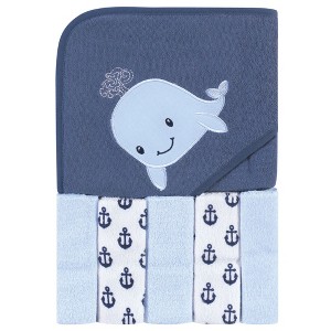 Hudson Baby Infant Boy Hooded Towel and Five Washcloths, Sailor Whale, One Size - 1 of 2
