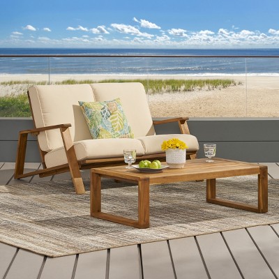 Teak Finish Beige Acacia Wood Loveseat and Coffee Table Set