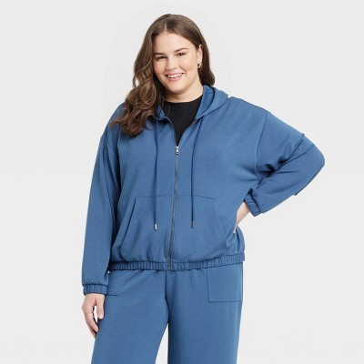 Women's Sandwash Hooded Zip-Up Sweatshirt - A New Day™ Blue 2X