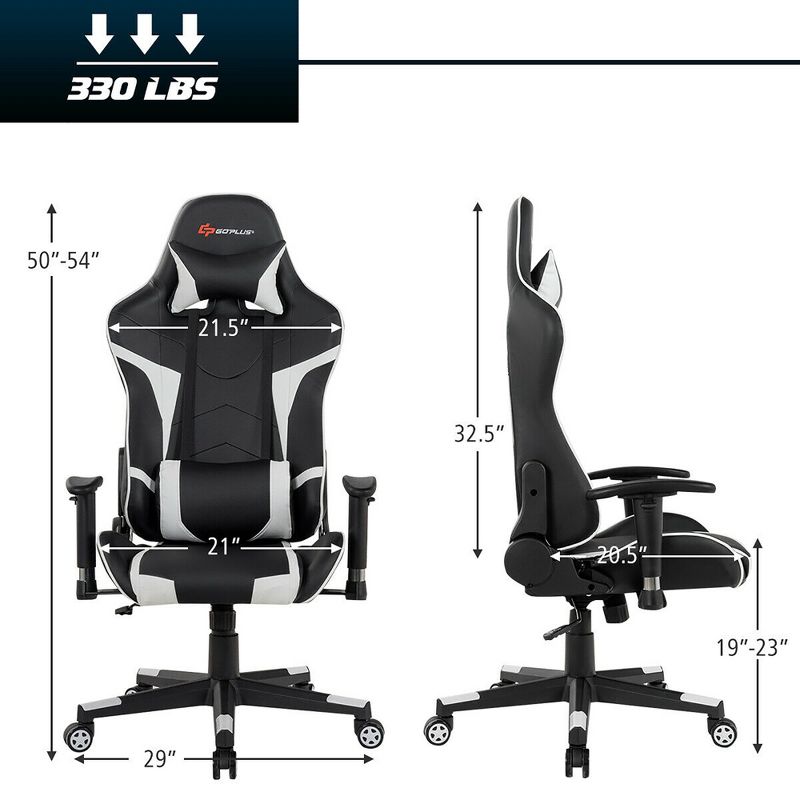 Costway Massage Gaming Chair Reclining Swivel Racing Office Chair w/Lumbar Support White\Blue\Grey\Red, 3 of 13