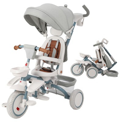 Acekool 7-in-1 Folding Toddler Tricycle with Adjustable Push Handle, Safety Harness, Brake, Rotatable Seat, Canopy, Storage & Cup Holder for Ages 1-5