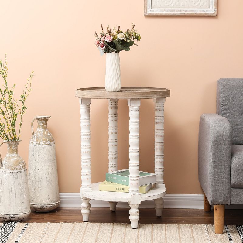 LuxenHome White and Natural Wood Round Accent Side Table with Storage. Off-White, 2 of 11