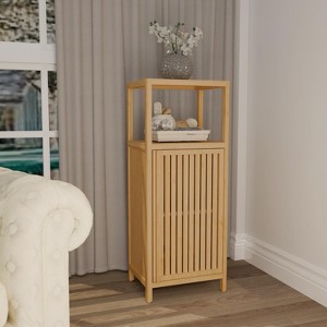 KTMBDW Bathroom Cabinet Freestanding, Bamboo Storage Cabinet 3-Tier Floor Cupboard with Door and Shelf for Small Spaces, Bathroom, Hallway, Natural - 1 of 4