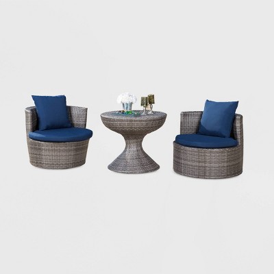 Manchester Outdoor Wicker 3pc Patio Chat Set - Gray /Navy - Abbyson Living