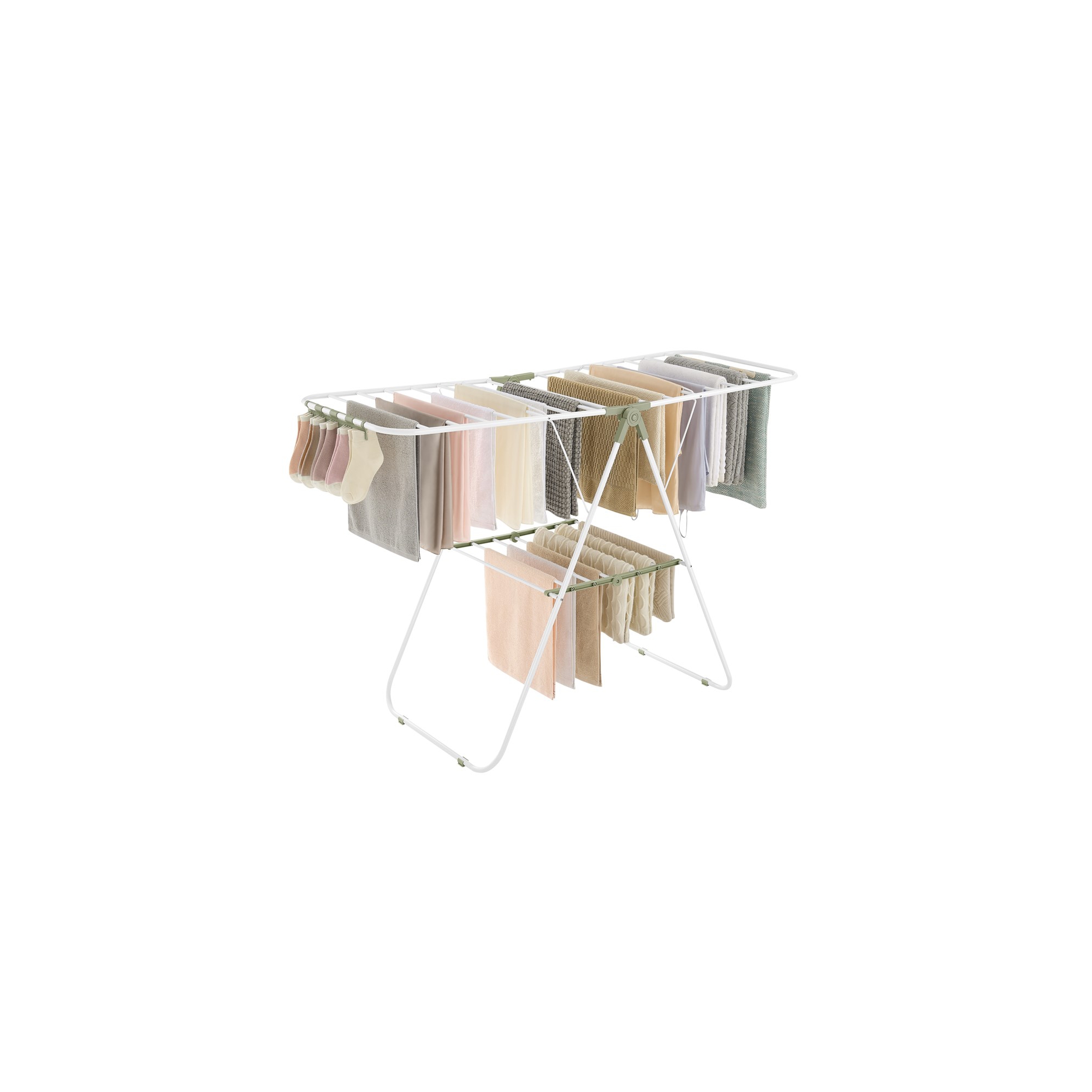 SONGMICS Foldable Clothes Drying Rack with Sock Clips Laundry Drying Rack with Height-Adjustable Gullwings White and Green