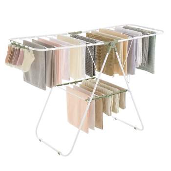 SONGMICS Foldable Clothes Drying Rack with Sock Clips Laundry Drying Rack with Height-Adjustable Gullwings