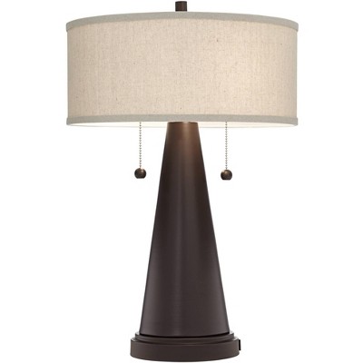 Bronze Tapered Table Lamps with Natural Drum Shades and USB Ports, Set of 2