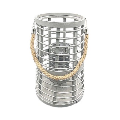 Essential Decor & Beyond 16.9" Gray Bamboo Glass Candle Holder Tabletop Lantern With Rope Handle
