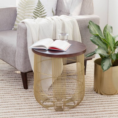 Maxwell Gold Metal Wire Base Round Side Table with Dark Brown Wood Top