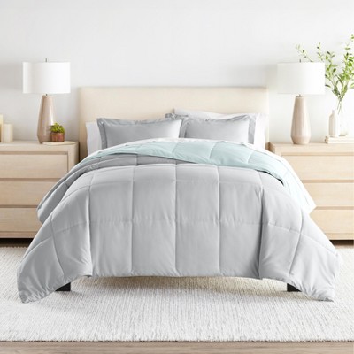 Full/Queen Aqua and Light Gray Reversible Microfiber Comforter Set