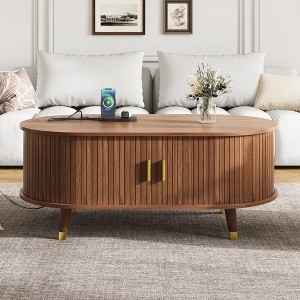 NicBex Modern Oval Storage Coffee Table with Sliding Door & Charging Station,Gold Accent Farmhouse Center Table for Living Room,Study - 1 of 4