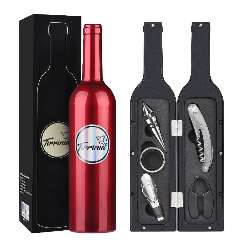 Tirrinia Wine Accessories Gift Set-Wine Bottle Corkscrew Opener Kit, Drip Ring, Foil Cutter and Wine Pourer and Stopper in Novelty Bottle-Shaped Case, 1 of 8